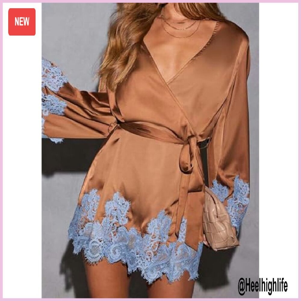 Satin Wrap Mini Dress with Lace Trim Bell Sleeves for Party Wedding - Picture 5 of 7